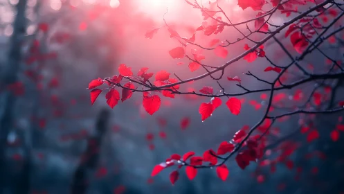 Crimson autumn leaves glow against cool misty forest background