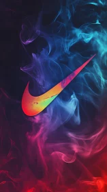 Nike swoosh logo in multicolor smoke on dark background.
