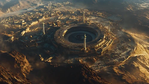 Sunlit desert metropolis encircling vast central arena.