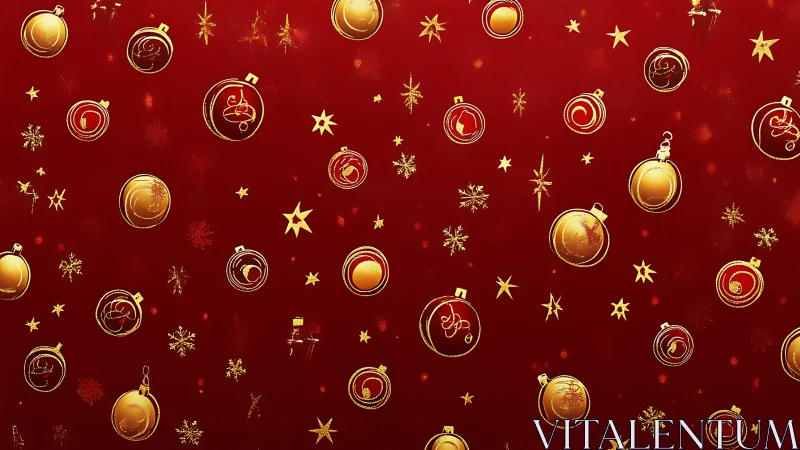 Gold Christmas baubles scatter over deep red festive field.