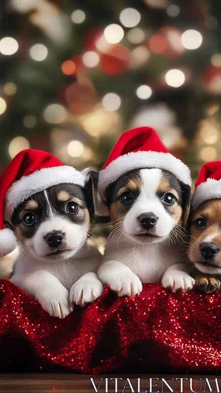 Santa hat puppy trio guarding the glittering Christmas hush.