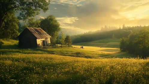 Wooden cabin overlooks sunlit meadow under warm evening light