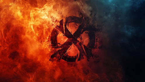 Abstract geometric form dissolves within intense orange and blue flame effects