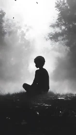 Solitary child silhouette amid misty backlit forest clearing.