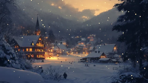 Snowy alpine village glows under warm winter dusk sky.