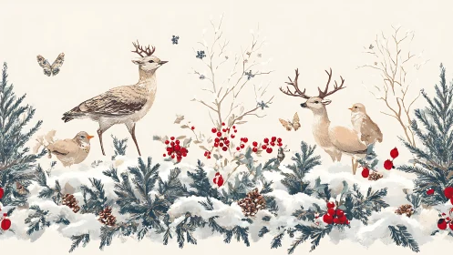 Winter forest wildlife among snow, berries, and evergreens.