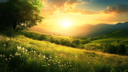 Radiant low-sun illumination over wildflower valley gradient.