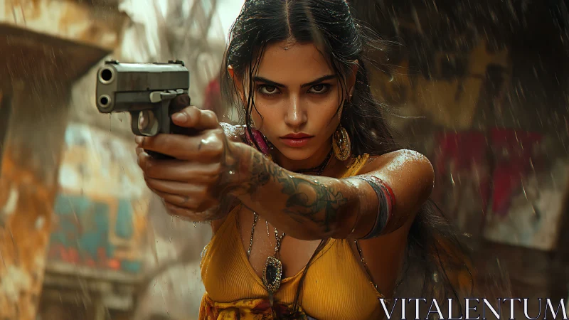 Rain-soaked vigilante aims forward with fierce determination.