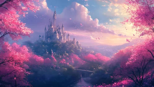 Blossom-wreathed hilltop castle adrift in rosy twilight.