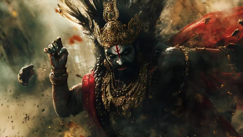 Mythic armored figure advances through dense dust and debris