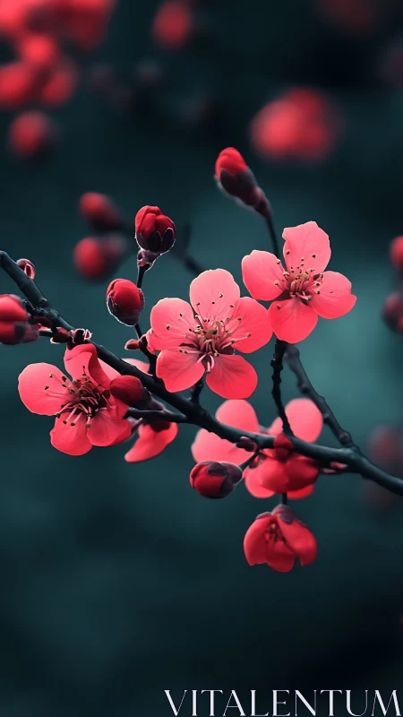 Crimson Blossoms Against Teal: Macro Study of Spring Flowering Branch.