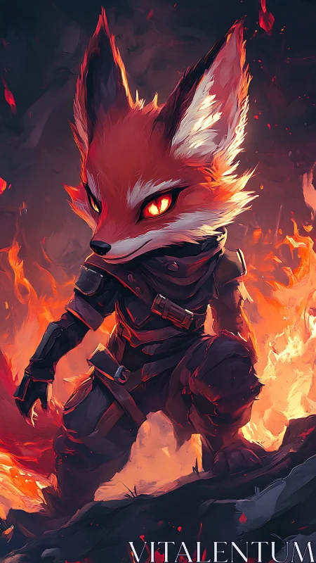 Inferno-clad fox rogue poised in swirling ember storm.