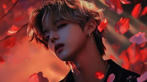 Velvet dusk portrait of androgynous youth in falling petals.