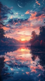 Dreamlike sunset lake mirrors glowing clouds and crescent moon.