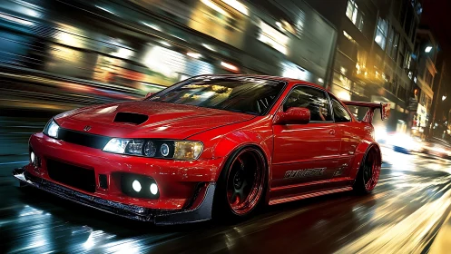 Scarlet street racer slicing neon rain at midnight speed.