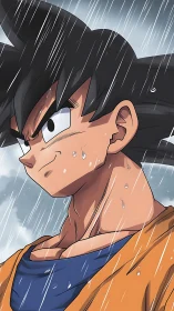 Anime warrior stands in falling rain with determined stare