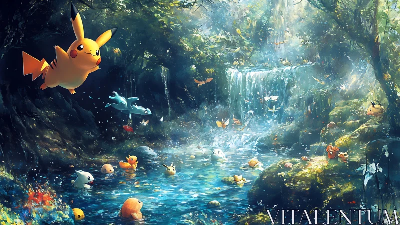 Playful forest creatures splashing beneath a silver waterfall.