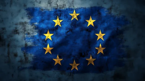 Weathered European Union flag glows against a dark backdrop