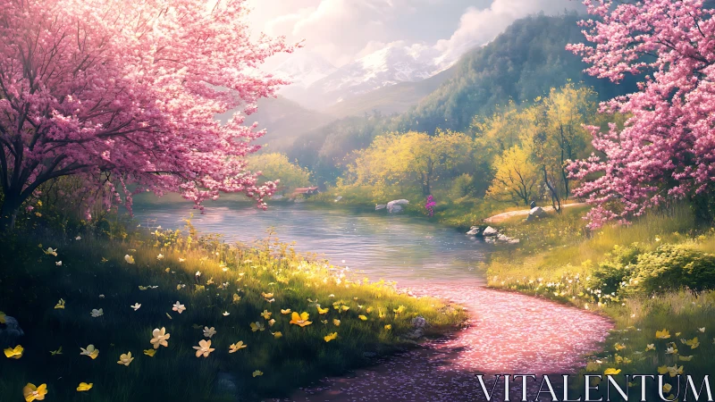 Spring blossoms embrace a tranquil river beneath alpine peaks.