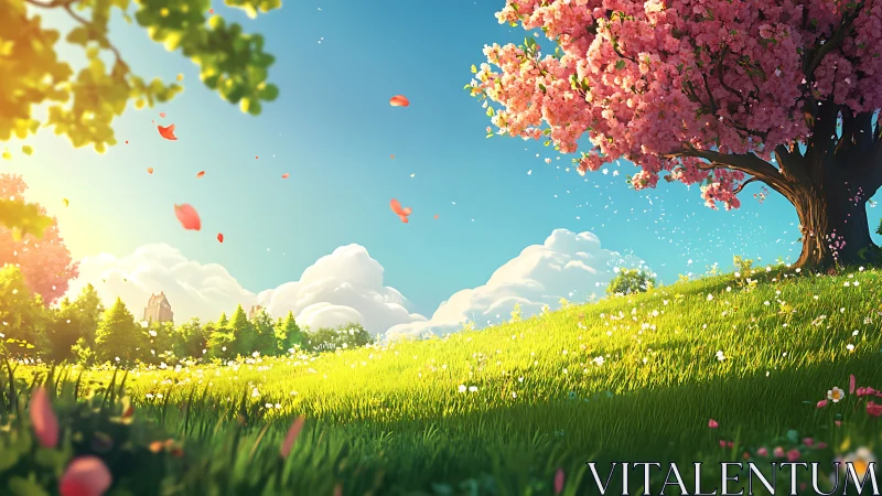 Spring hillside under volumetric light with blossom dynamics.