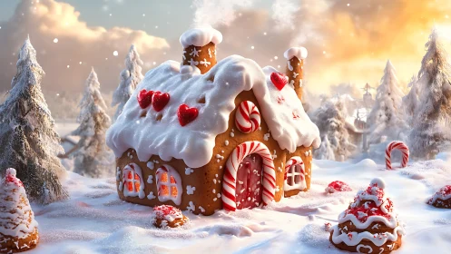 Snowy gingerbread cottage glows with warm candy lights.
