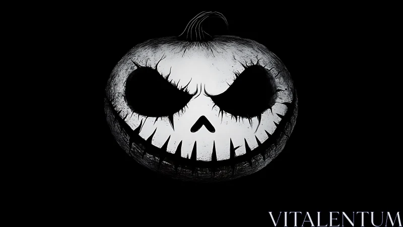 Sinister monochrome pumpkin skull against black void.