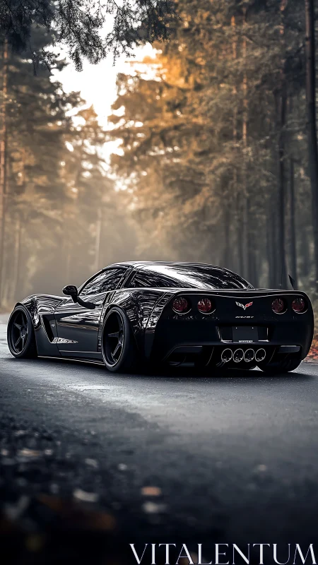 Black sports coupe parked on forest road at dusk.