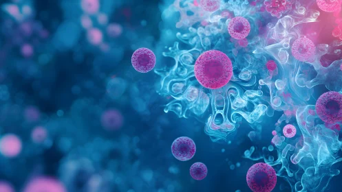 Abstract microscopic virus cells in vibrant blue and pink hues.