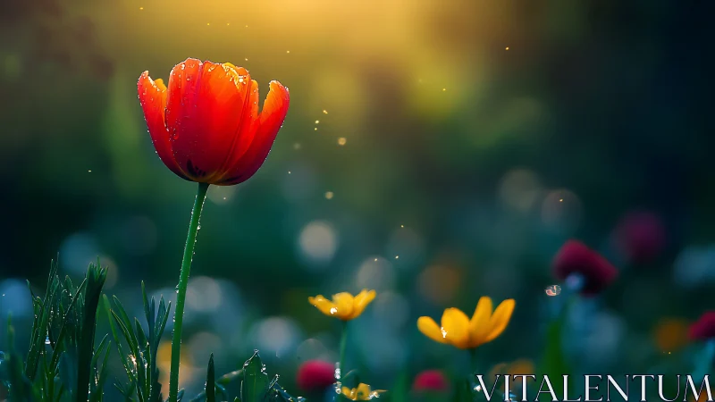 Vibrant Red Tulip Amid Spring Blooms with Bokeh and Dew