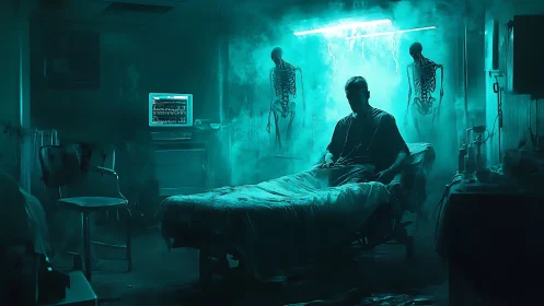 Quiet patient in teal-lit ward with watchful skeleton ghosts.