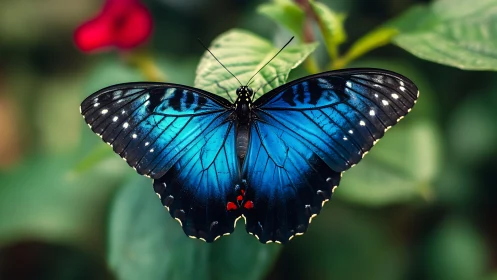 Iridescent blue butterfly macro with botanical bokeh background.