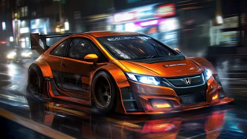 Turbocharged Honda street racer on neon lit wet city road