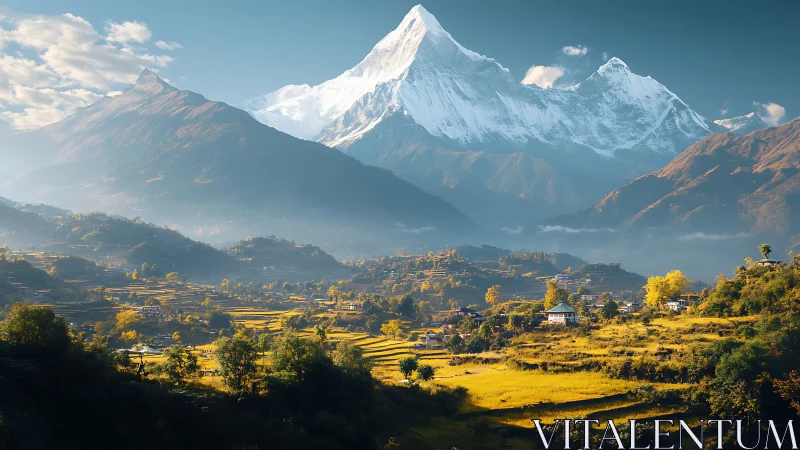 Snowcapped mountain dominates sunlit terraced valley landscape