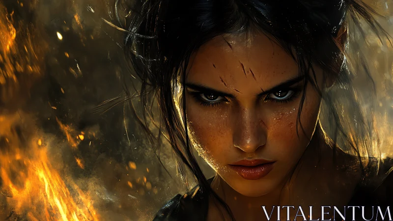 Battle-scarred warrior portrait in blazing cinematic firelight