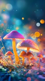Luminous forest mushrooms amid dreamy bokeh glow at dusk.