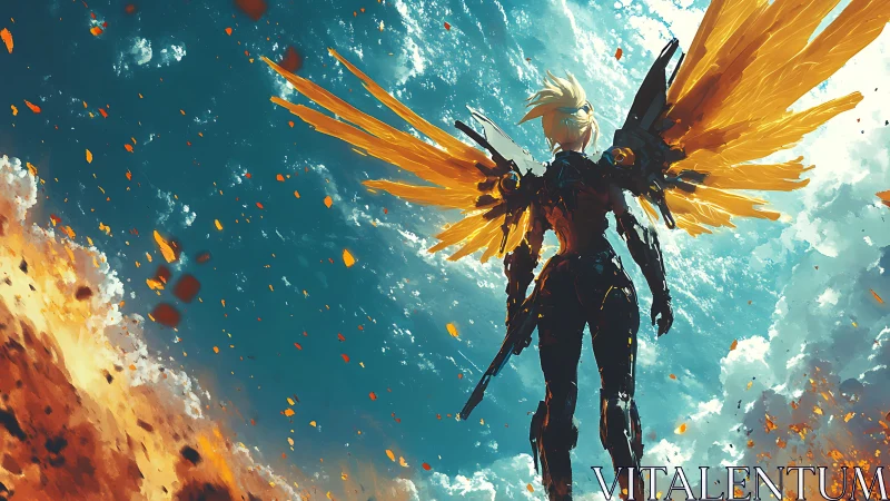 Winged cybernetic warrior over burning battlefield sky.