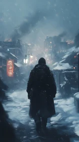 Solitary figure in snow-covered dystopian city street scene.