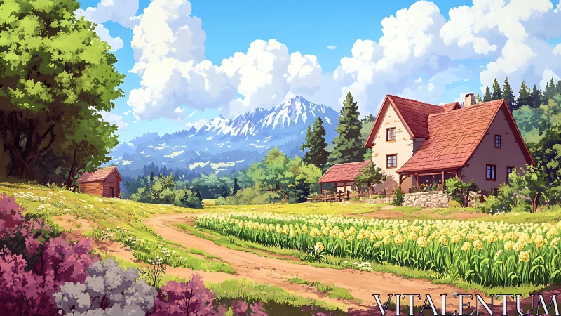 Rural farmhouse and flower fields under distant mountains.