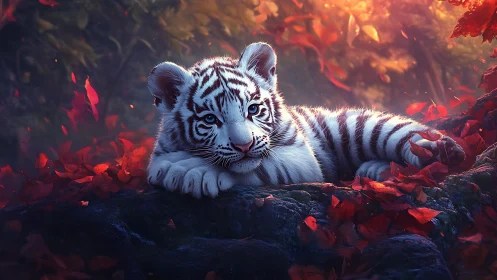 White tiger cub reclining amid luminous autumn foliage.