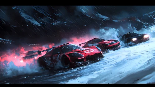 Night rally hypercars drift through neon snowstorm canyon.