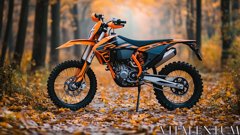 Orange dirt bike in sharp focus on autumn forest trail.