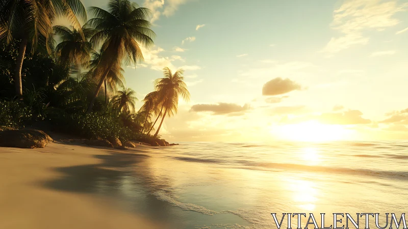 Sunlit tropical shoreline shows palm trees and calm waves