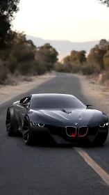Low-slung BMW concept coupe on deserted asphalt road at dusk.