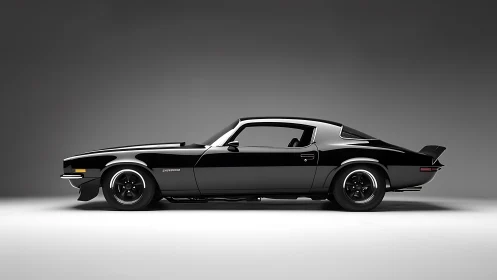 Sleek black muscle car stands in minimalist studio light.