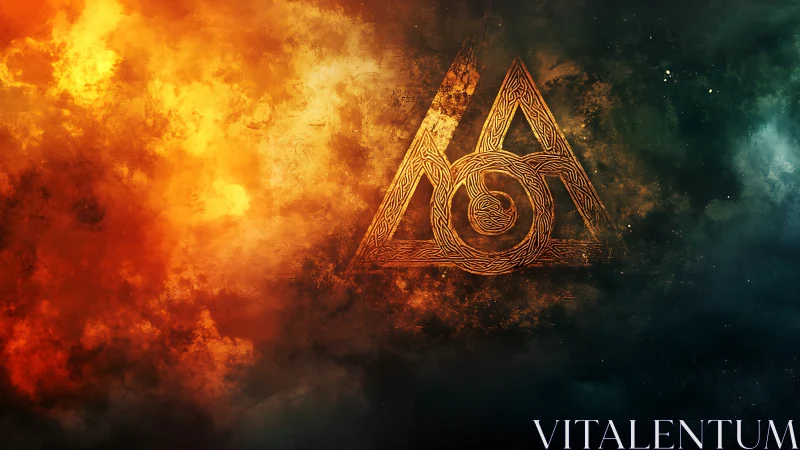 Intricate golden rune triangle floats amid turbulent fiery nebula