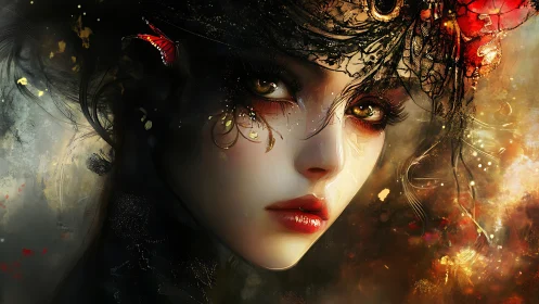 Firelit muse watches worlds bloom behind molten eyes