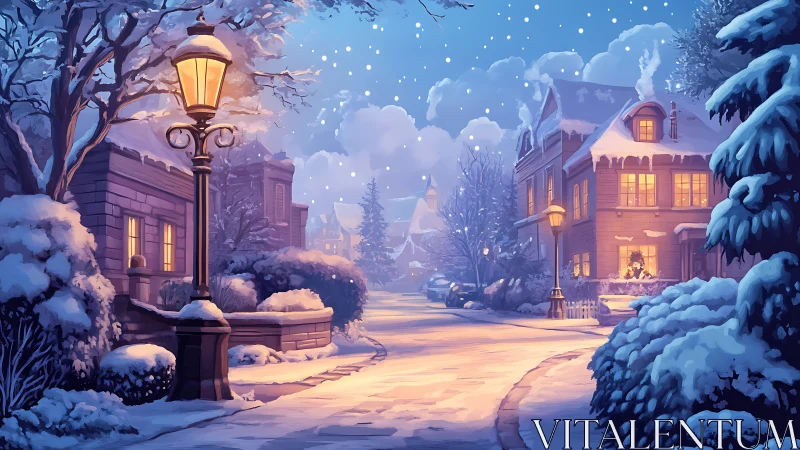 Snowy residential street glows under warm lamplight at dusk