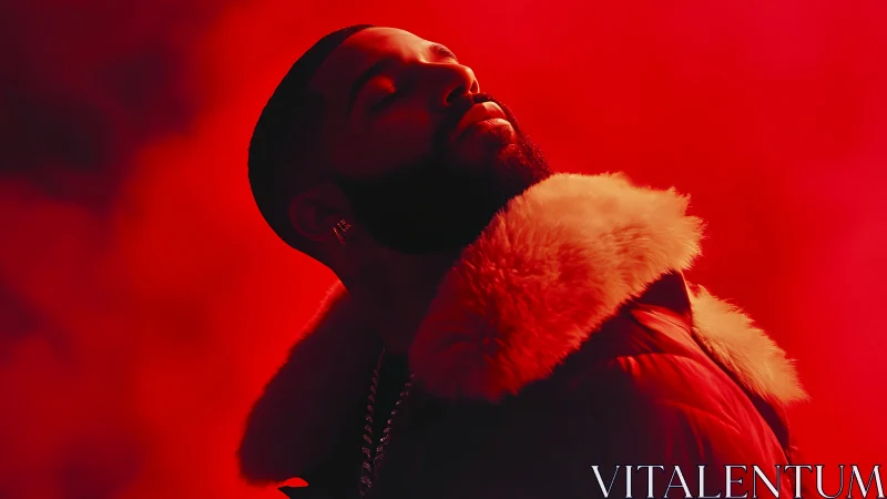 Chromatic portrait in saturated red backlit atmospheric haze.