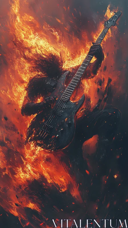 Guitarist silhouette engulfed in stylized flames plays intensely