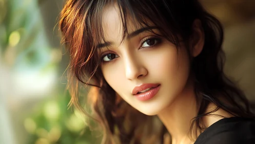 Portrait of young woman with soft light and blurred greenery.